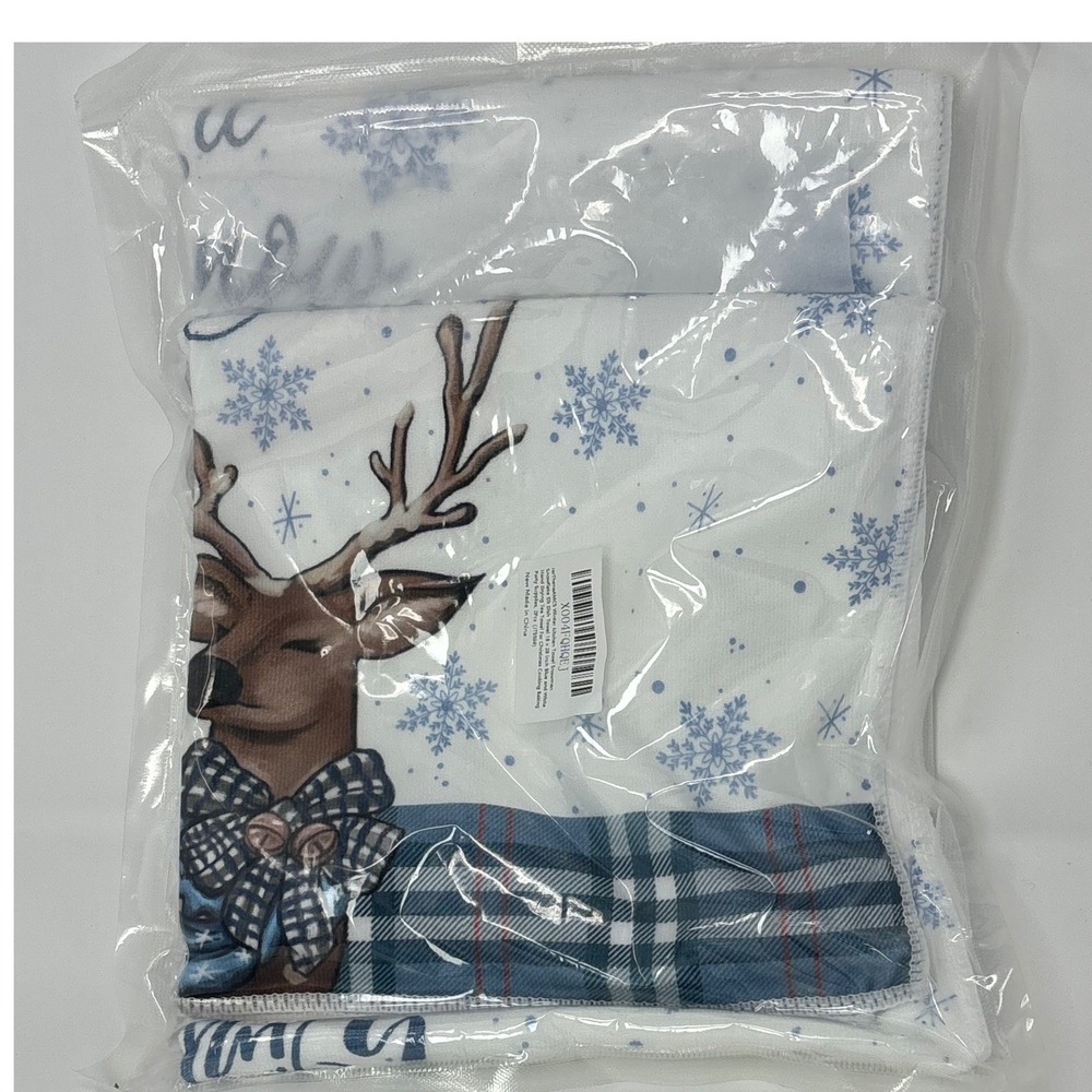 2Pc Winter Kitchen Towel Set Reindeer Snowflake Blue White 18x28 NEW SEALED